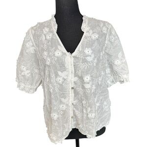 Nanette Lepore White Embroidered Eyelet Blouse L Bridal Bachelorette Cottagecore